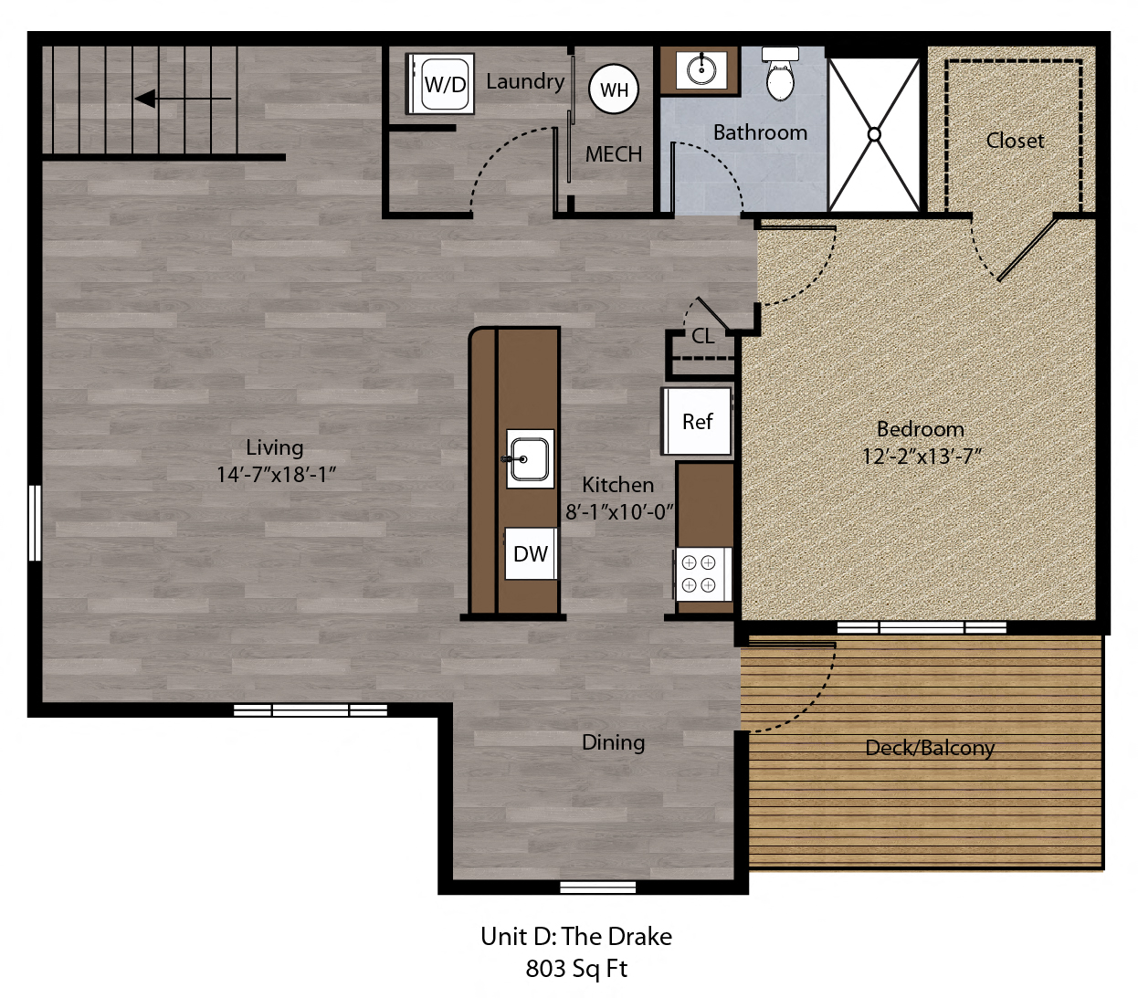 Floor plan for 1 bed, 1 bath, 803 sqft